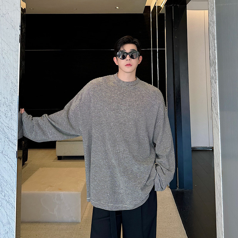 秋冬韩版暗条纹宽松廓形oversize百搭针织长袖t恤男女慵懒风打底