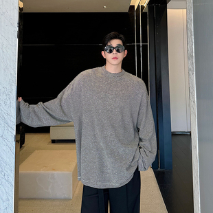 秋冬韩版暗条纹宽松廓形oversize百搭针织长袖t恤男女慵懒风打底