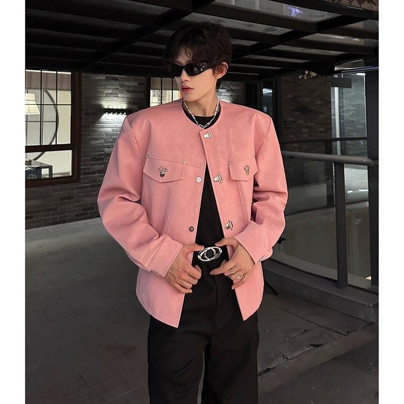 秋冬高级感金属磁吸扣无领皮衣男百搭短款粉色气质夹克小香风外套
