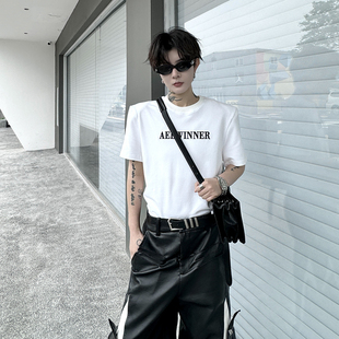 夏季休闲字母印花垫肩短袖T恤男女超短款设计小版无性别时尚打底