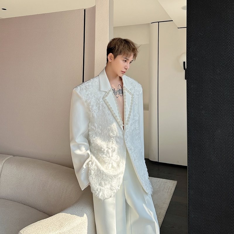 春装韩国轻奢立体提花手工珍珠领休闲西服外套男歌手演出服西装潮