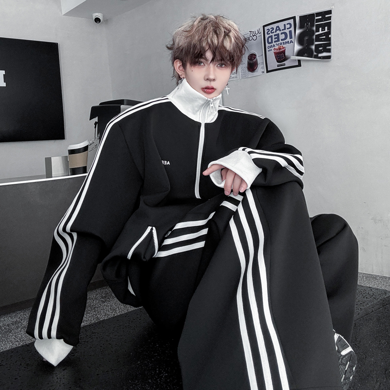 美式cleanfit撞色条纹三条杠立领夹克套装男休闲运动阔腿裤两件套