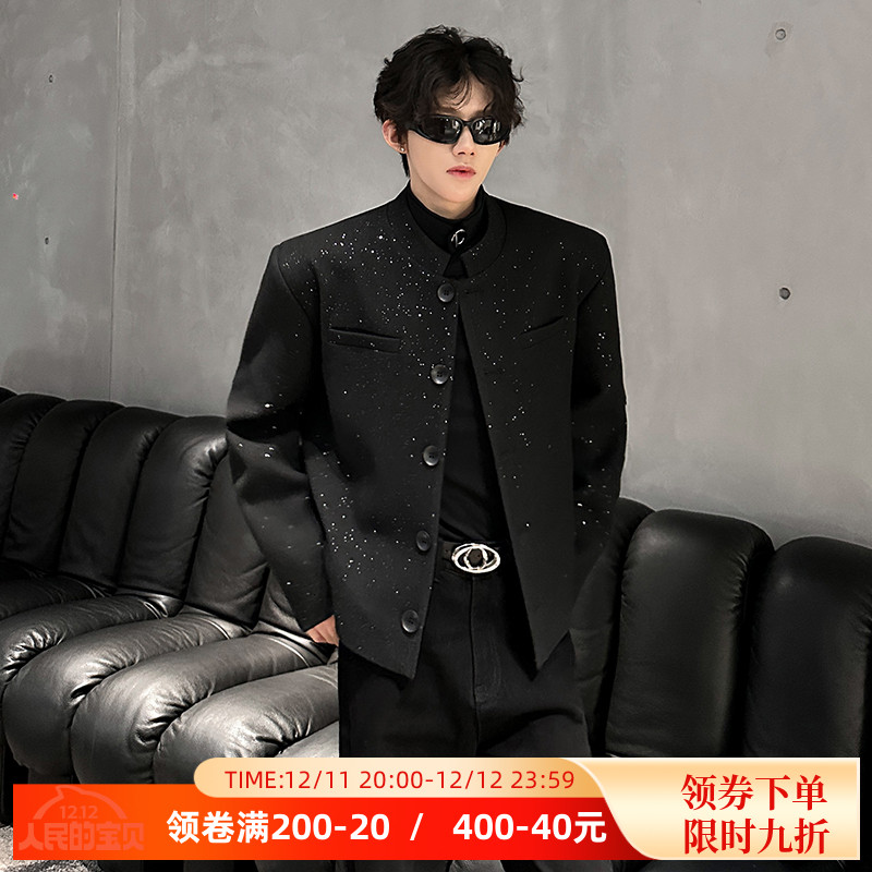 垫肩高级感呢子立领短款西装外套男正肩痞帅亮闪闪夹克亮片西服潮