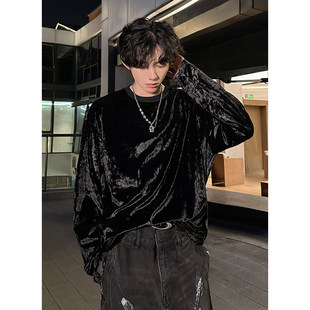 2026春季复古松弛感金丝绒圆领卫衣男宽松痞帅长袖T恤打底衫上衣