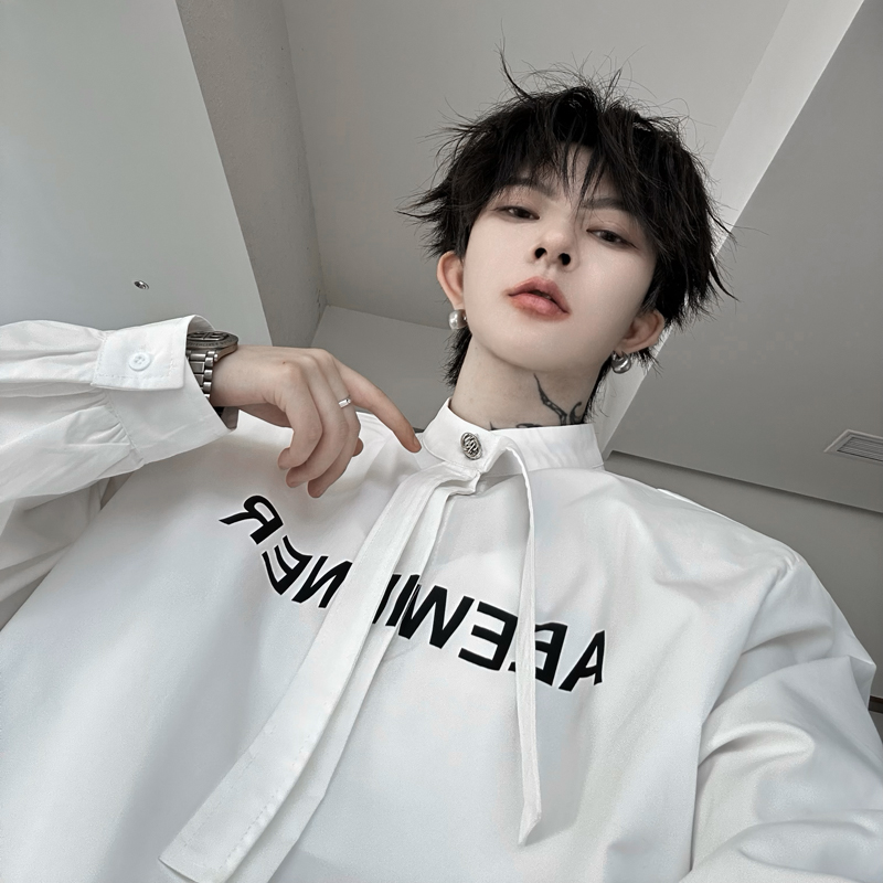 网红高级感金属扣飘带设计衬衫长袖韩版宽松字母印花垫肩痞帅衬衣