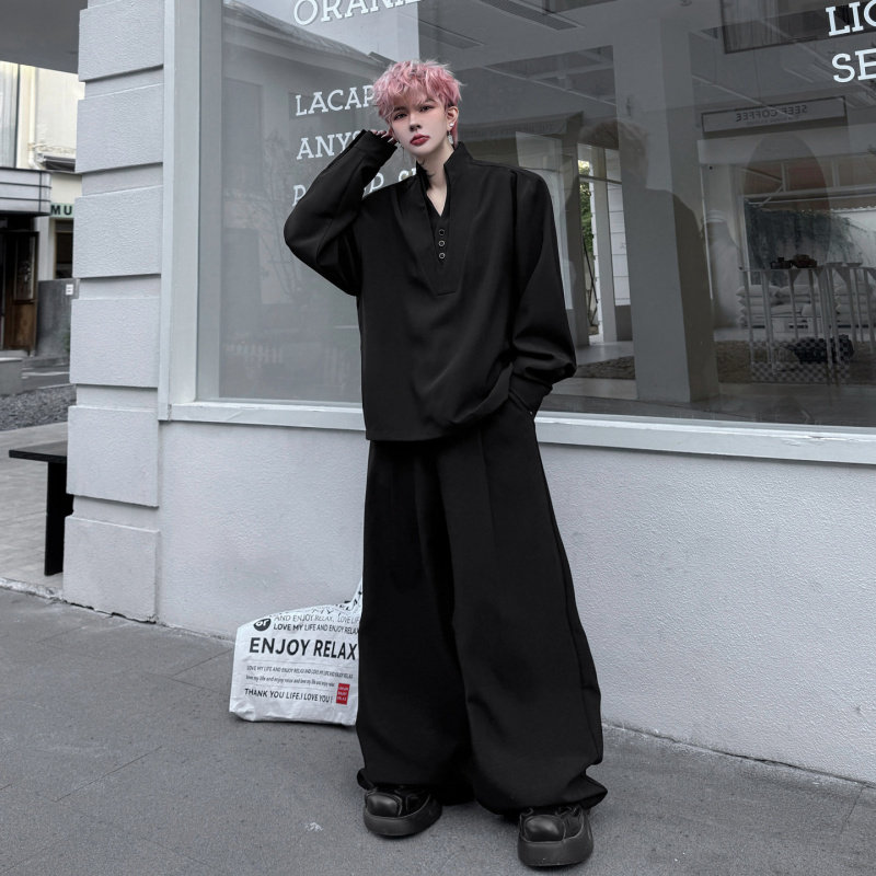 2026春季暗黑老钱风立领纽扣套头V领衬衫卫衣套装男阔腿长裤痞帅,男装,时尚套装,淘宝优惠券,粉丝福利购,淘宝优惠卷