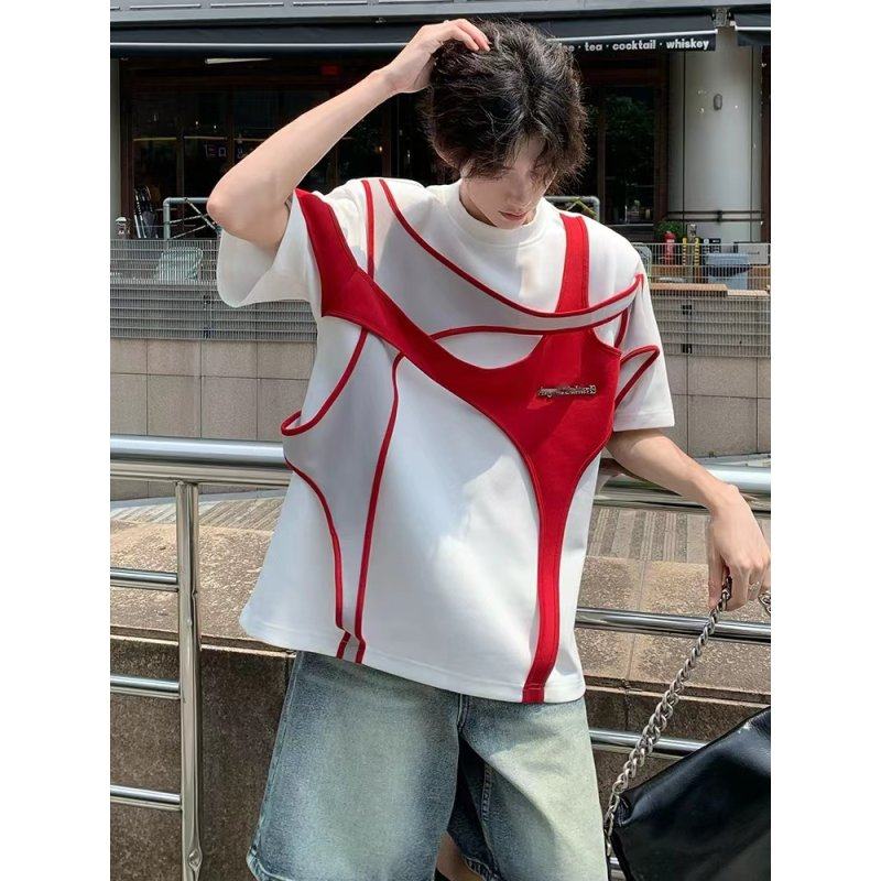 夏季小众解构撞色设计感短袖垫肩T恤男红白拼接高级感重磅半袖t恤