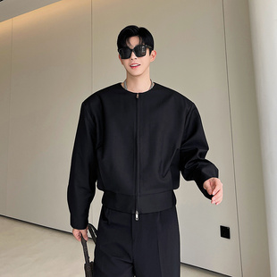 夹克男上衣短款 无领双头拉链短款 简约痞帅高级外套 设计感韩版 秋季