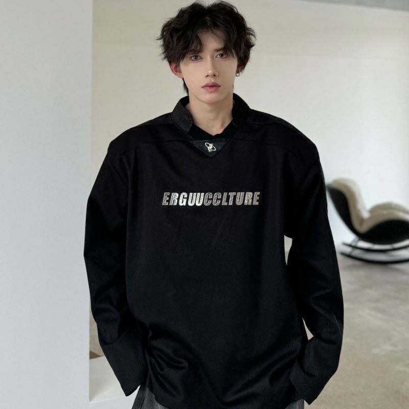 秋装小众解构美式高级感痞帅长袖T恤男垫肩男模穿搭上衣字母卫衣