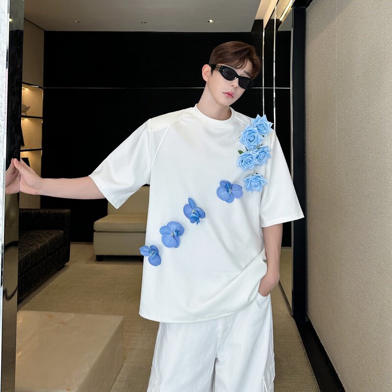夏季小众立体蓝色玫瑰花设计短袖T恤男网红同款重磅垫肩宽松上衣