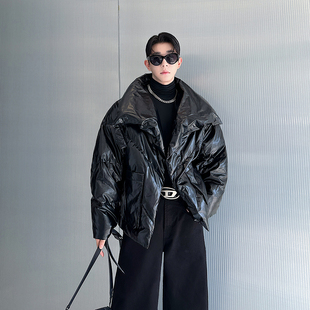 羽绒服男亮面复古cleanfit痞帅外套 连袖 冬季 小众设计师大翻领阔版