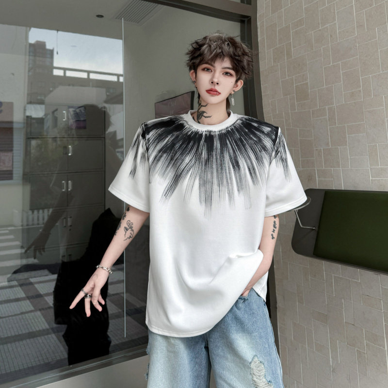 夏季小众手绘涂鸦印花设计感垫肩短袖T恤男潮牌美式街头痞帅半袖