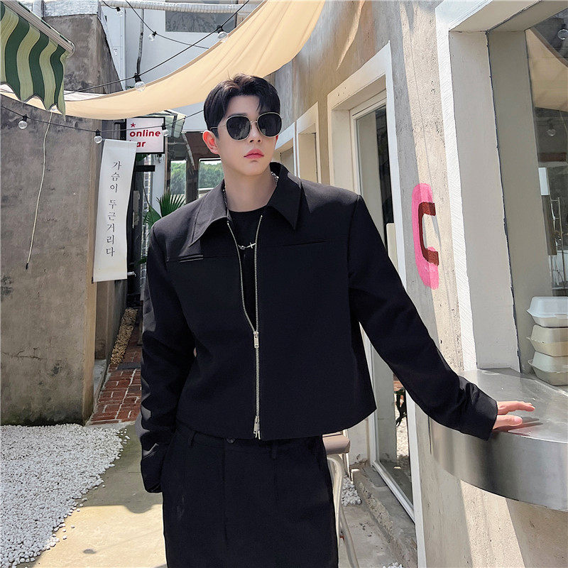 春季高级感双头拉链小众韩版休闲短款夹克男垫肩设计感痞帅外套潮