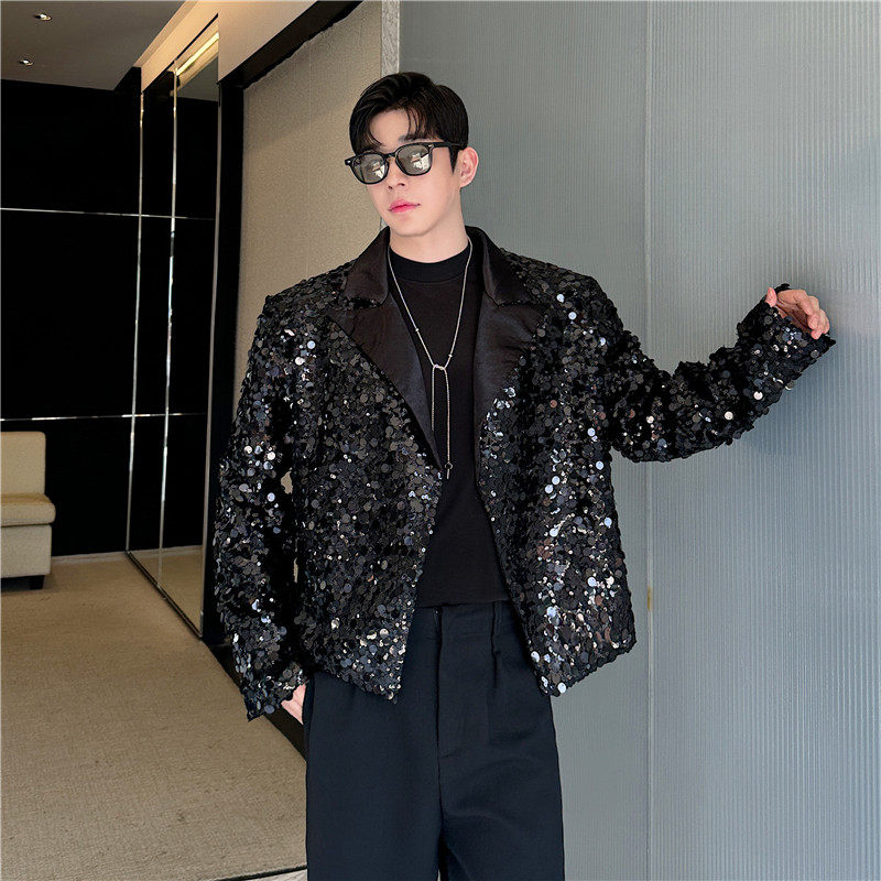 秋冬小众亮片设计感炸街痞帅短款西服外套男亮闪闪舞台演出服西装