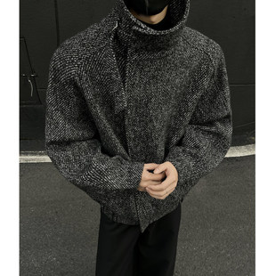 秋冬老钱风复古斜纹防风高领短款毛呢大衣外套男高级感痞帅厚夹克