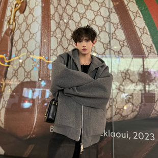 秋冬美式 夹克廓形高级感加厚加棉上衣 灰色毛呢卫衣男外套连帽开衫