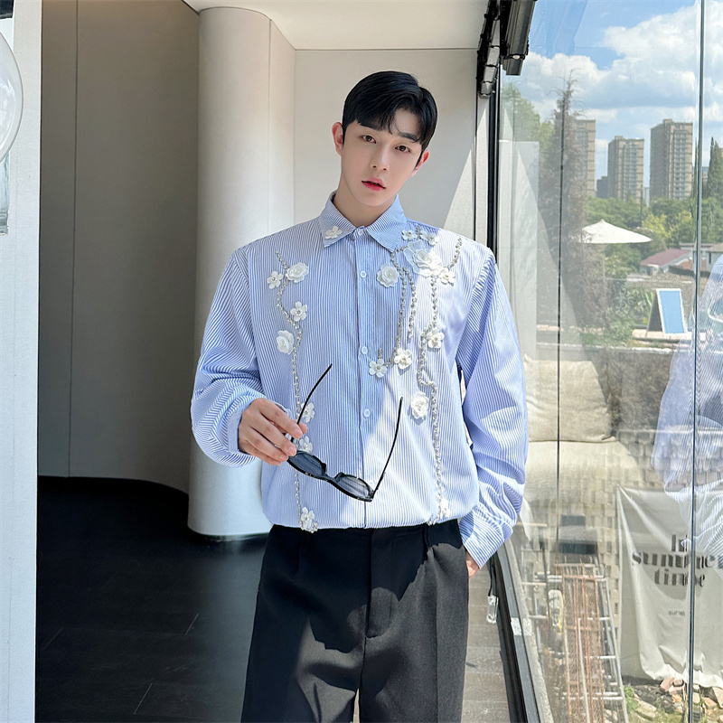 网红气质手工订花高级感衬衫男长袖韩版时尚设计感蓝条纹衬衣重磅