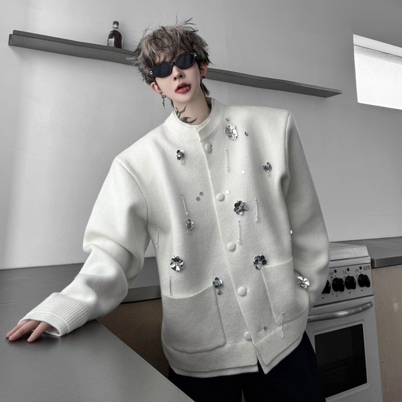 春秋韩国圆领小众钉珠缝花设计感宽松针织开衫毛衣男女小香风外套,男装,针织衫/毛衣,淘宝优惠券,粉丝福利购,淘宝优惠卷
