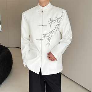 秋季新中式设计感立领西装男翠竹子刺绣金属扣小众唐装白西服外套