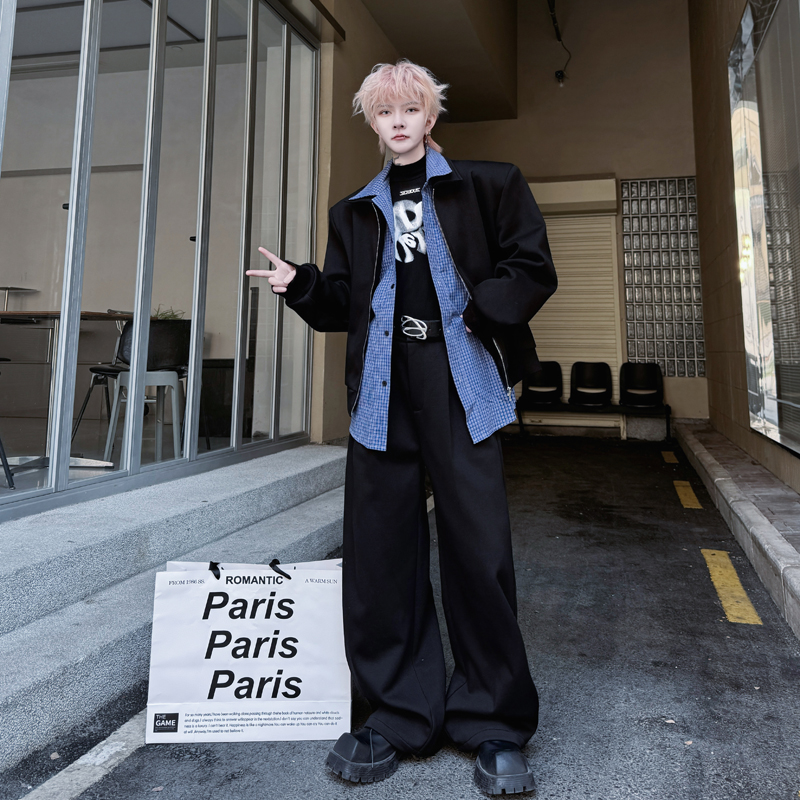 春装高级感假两件撞色拼接设计垫肩夹克外套阔腿西裤痞帅两件套潮