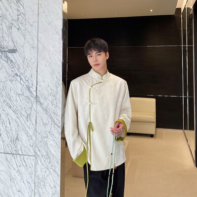 春季小众撞色提花新中式立领衬衫男长袖盘扣系带设计感国潮风衬衣