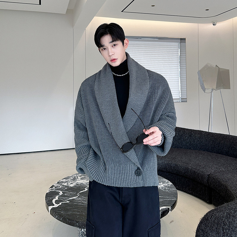 秋冬小众设计师极简老钱大翻领边扣针织毛衣外套男慵懒上衣轻熟风