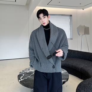 秋冬小众设计师极简老钱大翻领边扣针织毛衣外套男慵懒上衣轻熟风