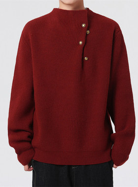 GXG男装 官方正品红色毛衣男秋冬设计感褶皱圆领宽松针织衫线衣潮