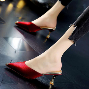 女中跟懒人凉拖女单鞋 细跟尖头高跟鞋 女外穿百搭2023新款 包头拖鞋