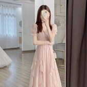 收腰中长款 法式 新款 大衣女装 方领甜美温柔仙女连衣裙夏季 短袖