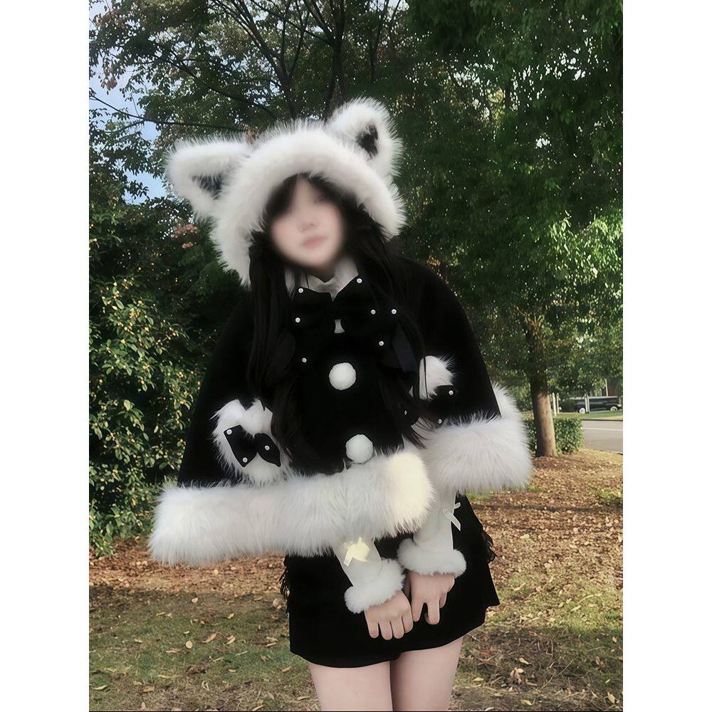 【罐头月光】 Lolita黑白冬季新款蝴蝶结软妹斗篷外套+短裙两件套