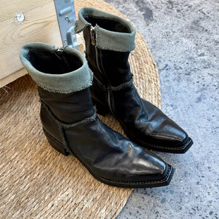 Duiisko 巫师靴3.0 帆布拼接尖头切尔西靴男女款高跟靴子增高皮鞋