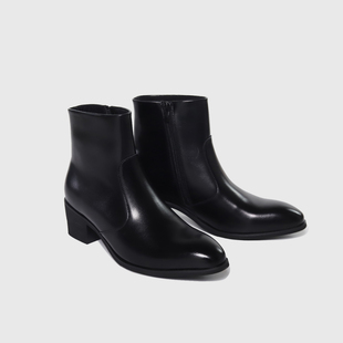 Duiisko 极简尖头切尔西男侧拉链高跟靴雅痞德比短靴增高高帮皮鞋