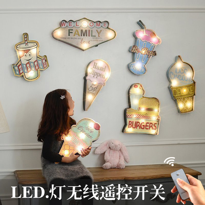 美式工业风复古铁艺遥控LED灯壁饰挂件酒吧网咖餐厅奶茶店墙装饰
