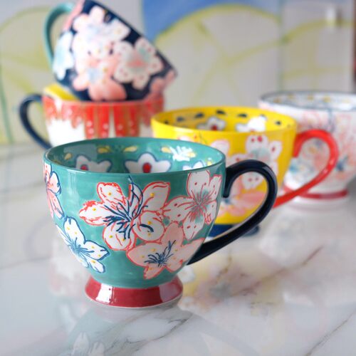 手绘浅浮雕燕麦杯汤杯小鸟花朵