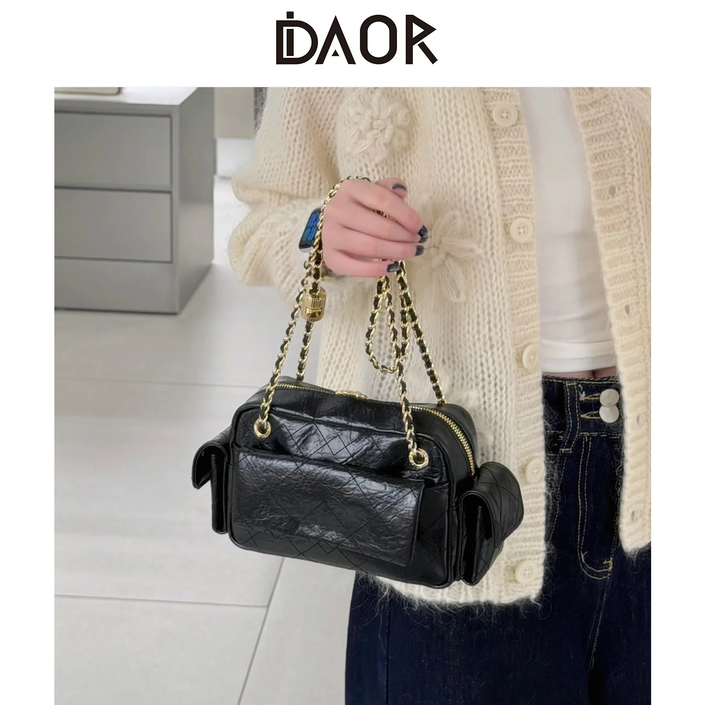 DAOR油蜡牛皮多口袋菱格链条腋下包女2025新款辣妹单肩斜挎机车包,箱包皮具/热销女包/男包,腋下包,淘宝优惠券,粉丝福利购,淘宝优惠卷