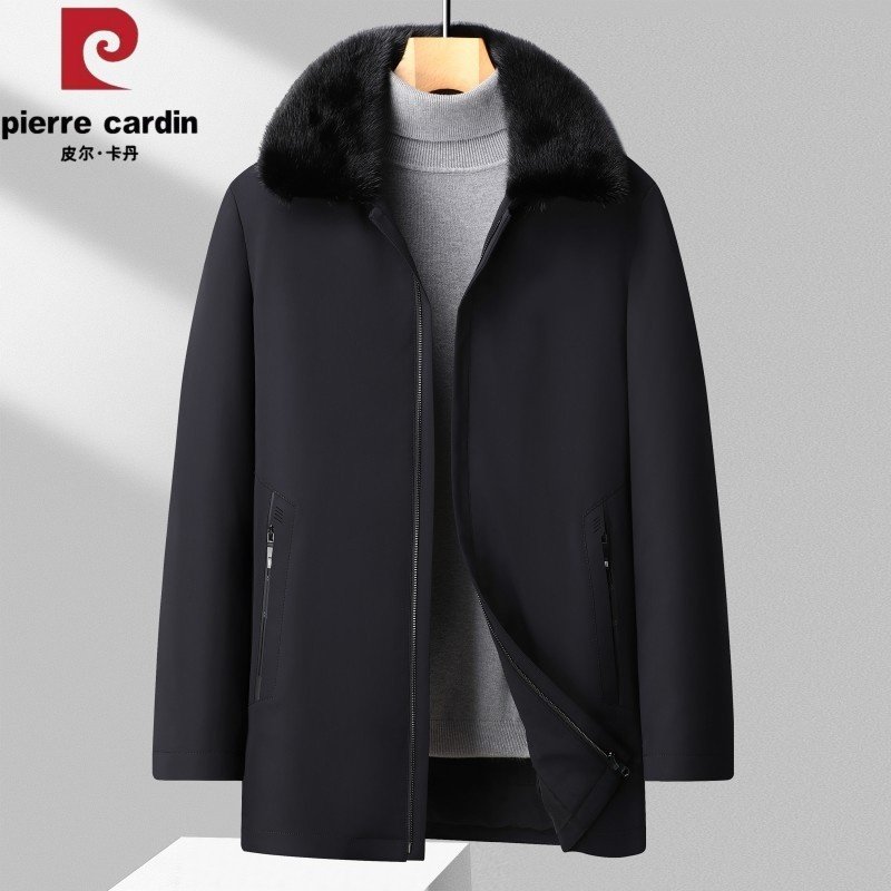 皮尔卡丹中老年皮毛一体外套水貂内胆派克服男款爸爸装尼克服翻领