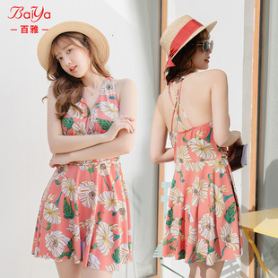 度假遮肉聚拢保守泡温泉泳装 夏季 厂家 连体印花平角裙式 游泳衣女款