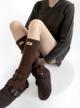 羊毛30%时髦个性~字母布标袜套竖纹堆堆中筒叠穿小腿腿套靴套秋冬