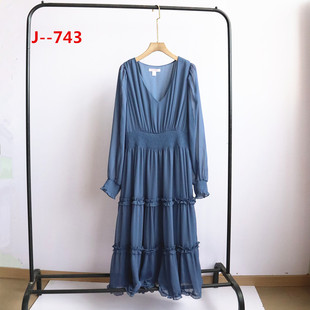 春夏外贸新款女装裙子百搭简约时尚宽松显瘦长袖雪纺中长款连衣裙