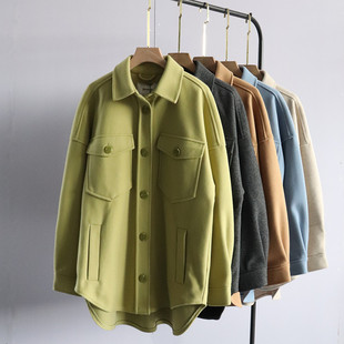 秋冬季外贸新款女装韩版百搭简约时尚宽松保暖衬衫款毛呢休闲外套