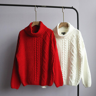 秋冬外贸新款女装韩版百搭简约时尚宽松大翻领保暖长袖针织衫毛衣