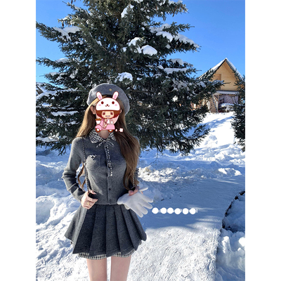 格纹翻领针织开衫百搭上衣拼接格纹毛呢百褶裙伞伞迟 arm短裙女