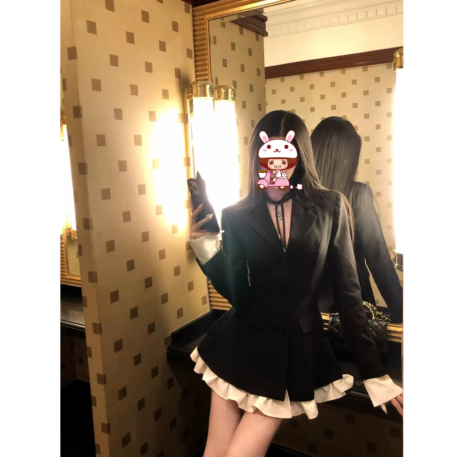 Bbar Clhil假两件黑色西装式连衣裙女秋季名媛千金风西装收腰外套