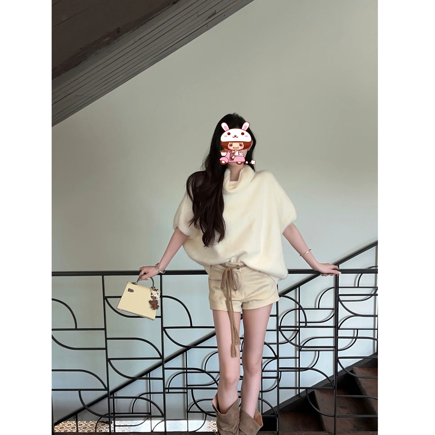FyairJigan秋冬新款糯叽叽白色高领短袖毛衣女宽松显瘦针织衫上衣