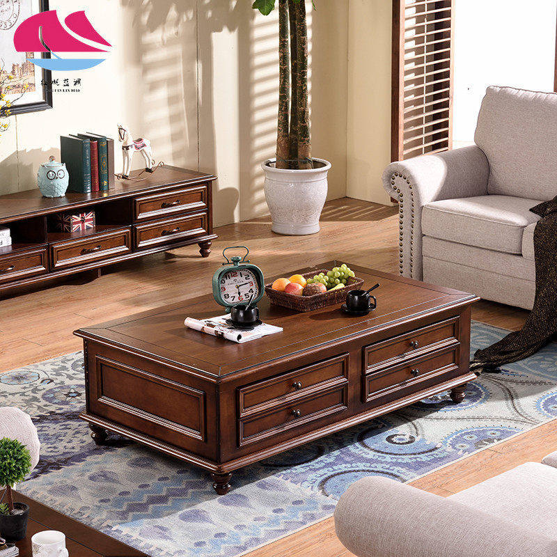复古美式乡村实木茶几电视柜组合客厅长方形地柜组装储物茶桌茶台
