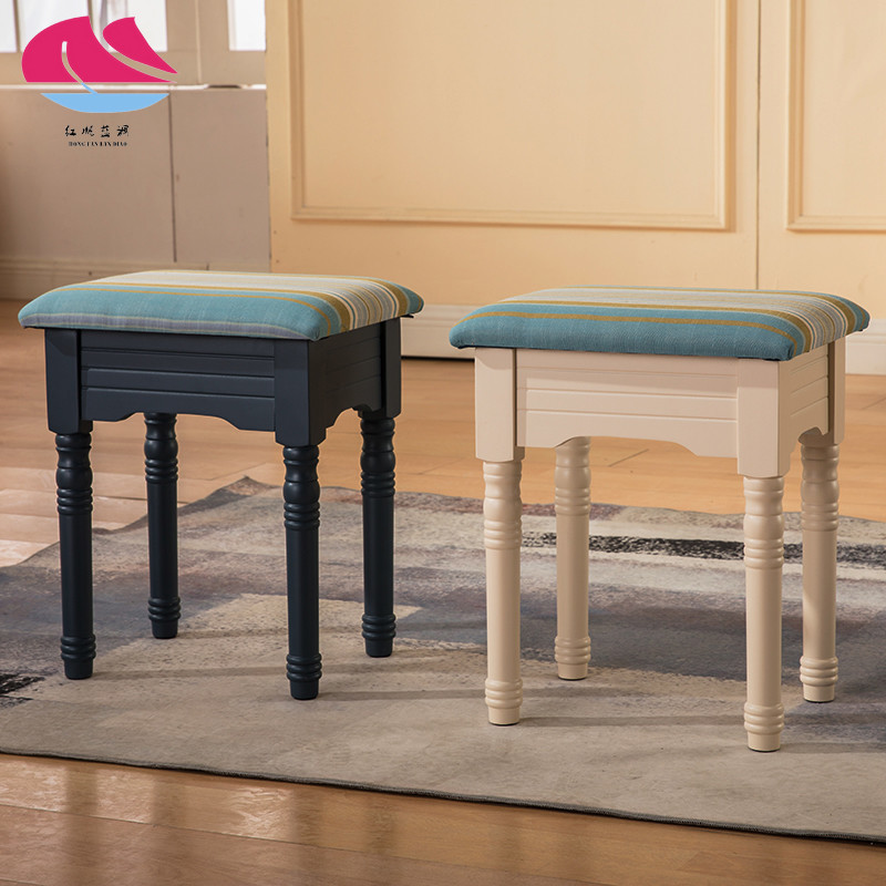 地中海美式乡村实木欧式小凳子客厅家用梳妆凳小方凳海绵垫软包凳