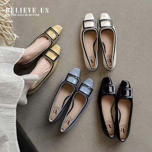 方扣真皮平底鞋 单鞋 2cm内增高时装 通勤舒适方头四季 牛皮 女鞋 时尚