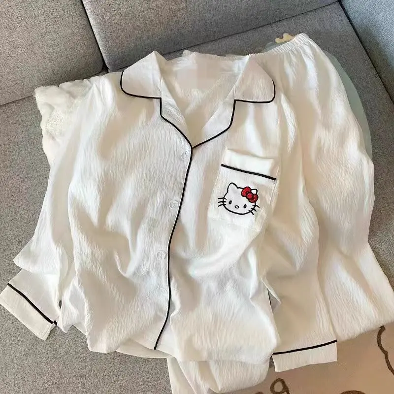 春夏季黑色KT猫睡衣女款棉长袖长裤两件套卡通可爱学生休闲家居服