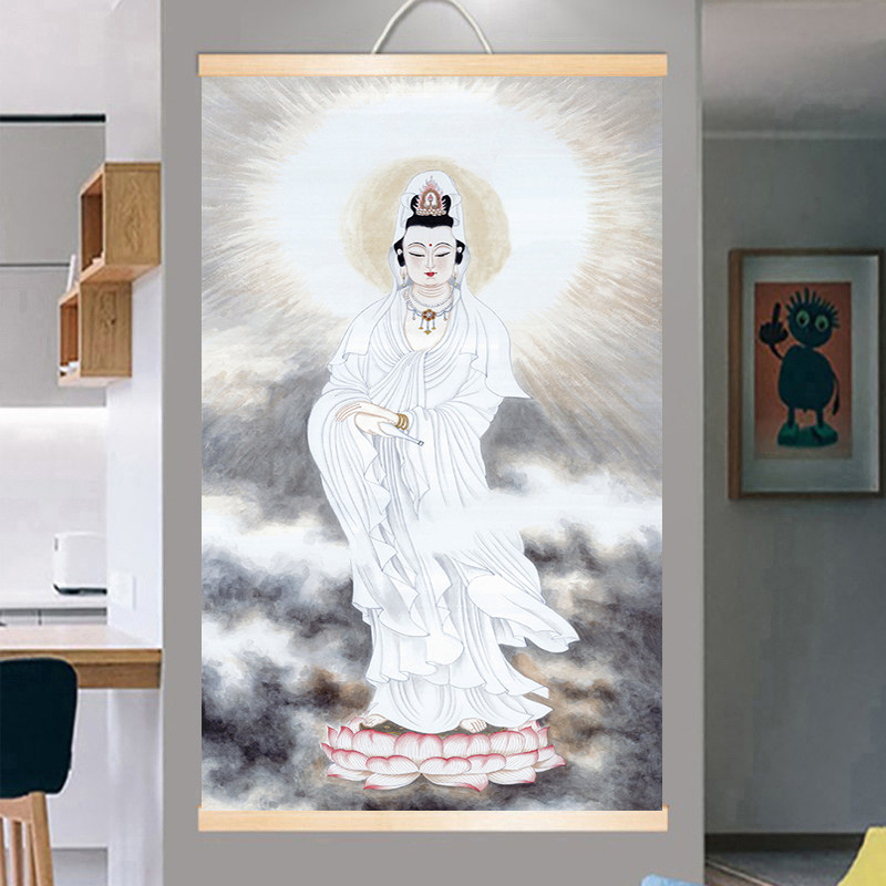 白衣观音画像保平安佛堂供奉挂画观世音菩萨佛像挂画实木轴装饰画